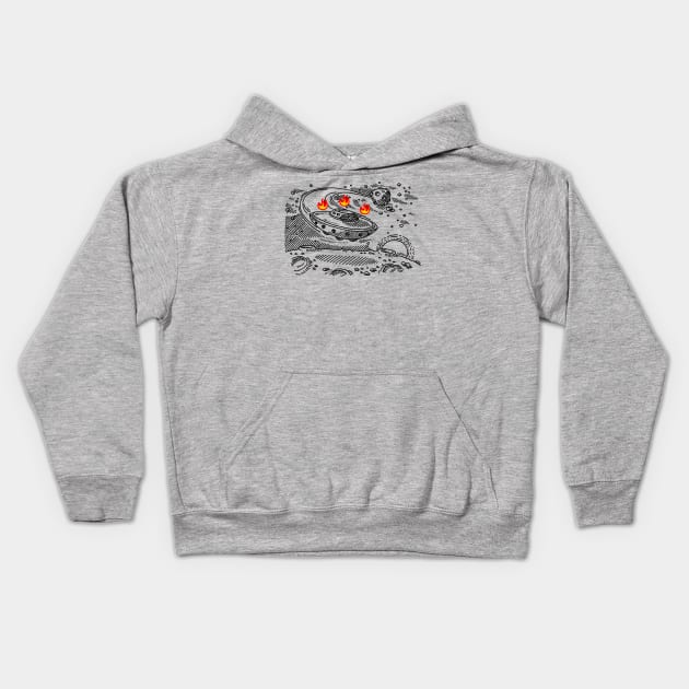 Flying Saucer Approaching Fire Planet Kids Hoodie by Hogan